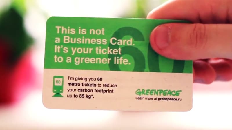 Greenpeace’s business card takes the form of a free Metro pass