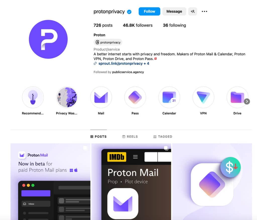 protonmail's instagram profile called "protonprivacy"