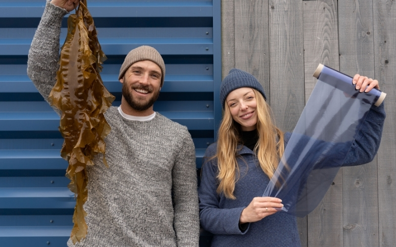 Sway's founders holding seaweed and their product