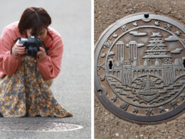 Woman shooting a manhole (left) and image of a manhole in Japan (right)