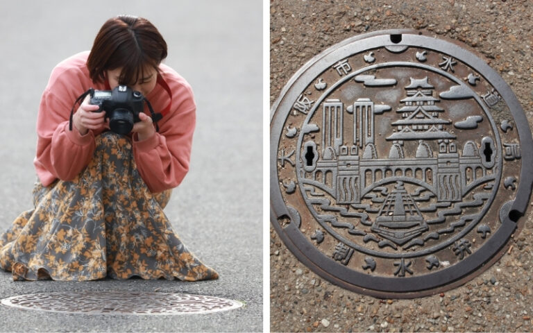 Woman shooting a manhole (left) and image of a manhole in Japan (right)