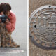 Woman shooting a manhole (left) and image of a manhole in Japan (right)