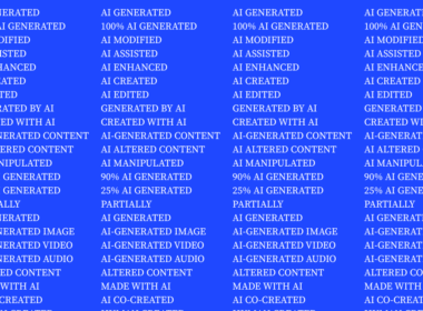 Blue graphic listing repeated AI content disclosure labels