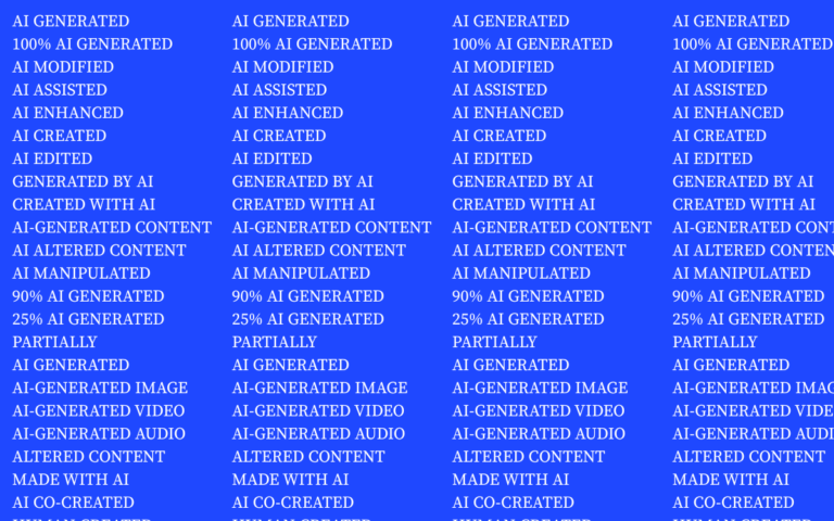 Blue graphic listing repeated AI content disclosure labels