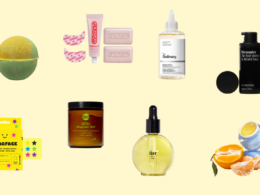Assorted skincare, body care, and fragrance products on yellow