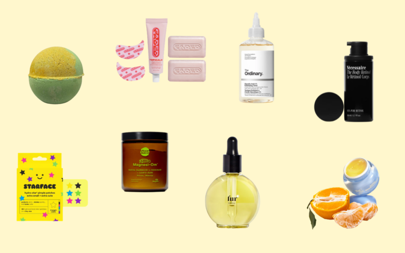 Assorted skincare, body care, and fragrance products on yellow