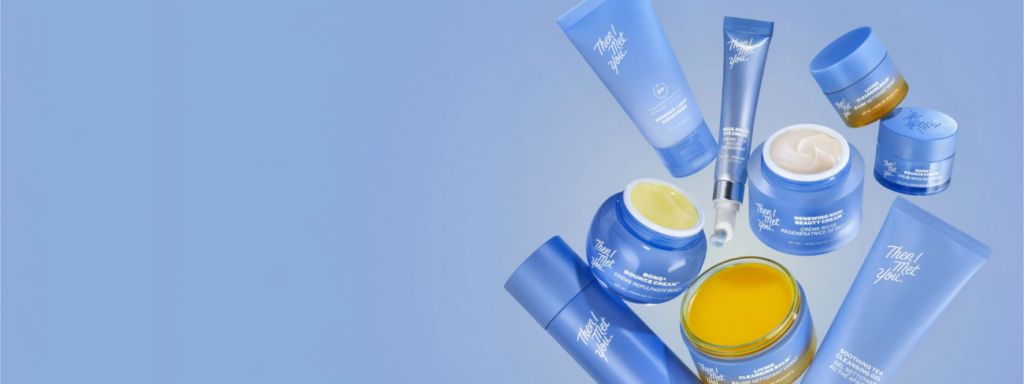 Blue Then I Met You skincare products on blue background