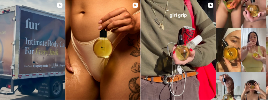 Collage promoting Fur intimate body care oil bottles