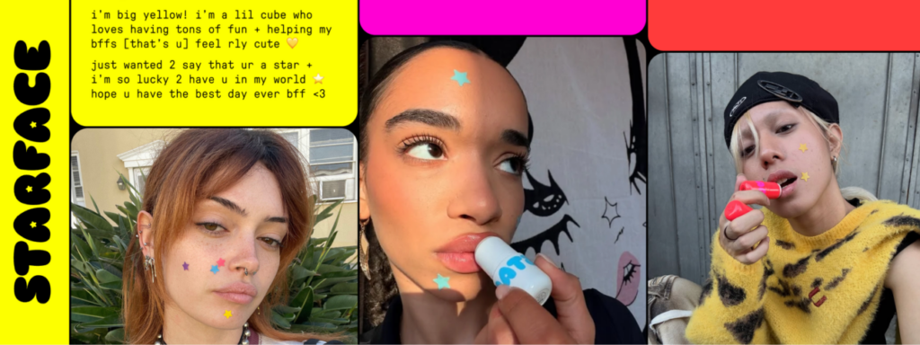 Three people apply Starface lip balm with colorful star stickers.