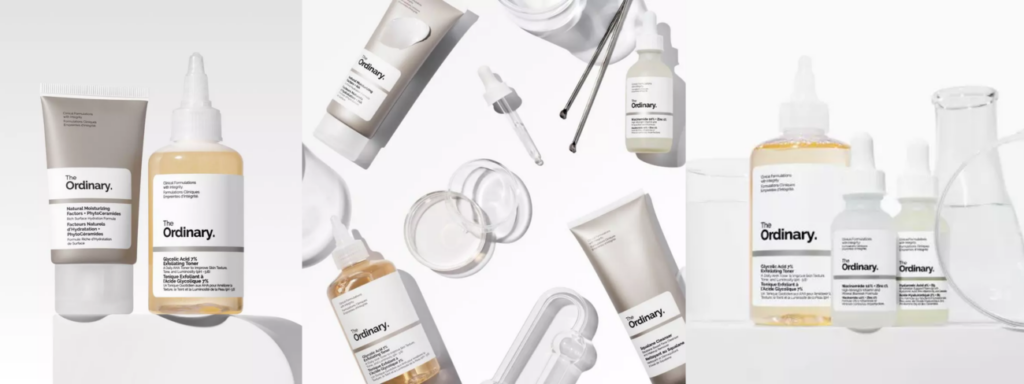 The Ordinary skincare products and laboratory glassware
